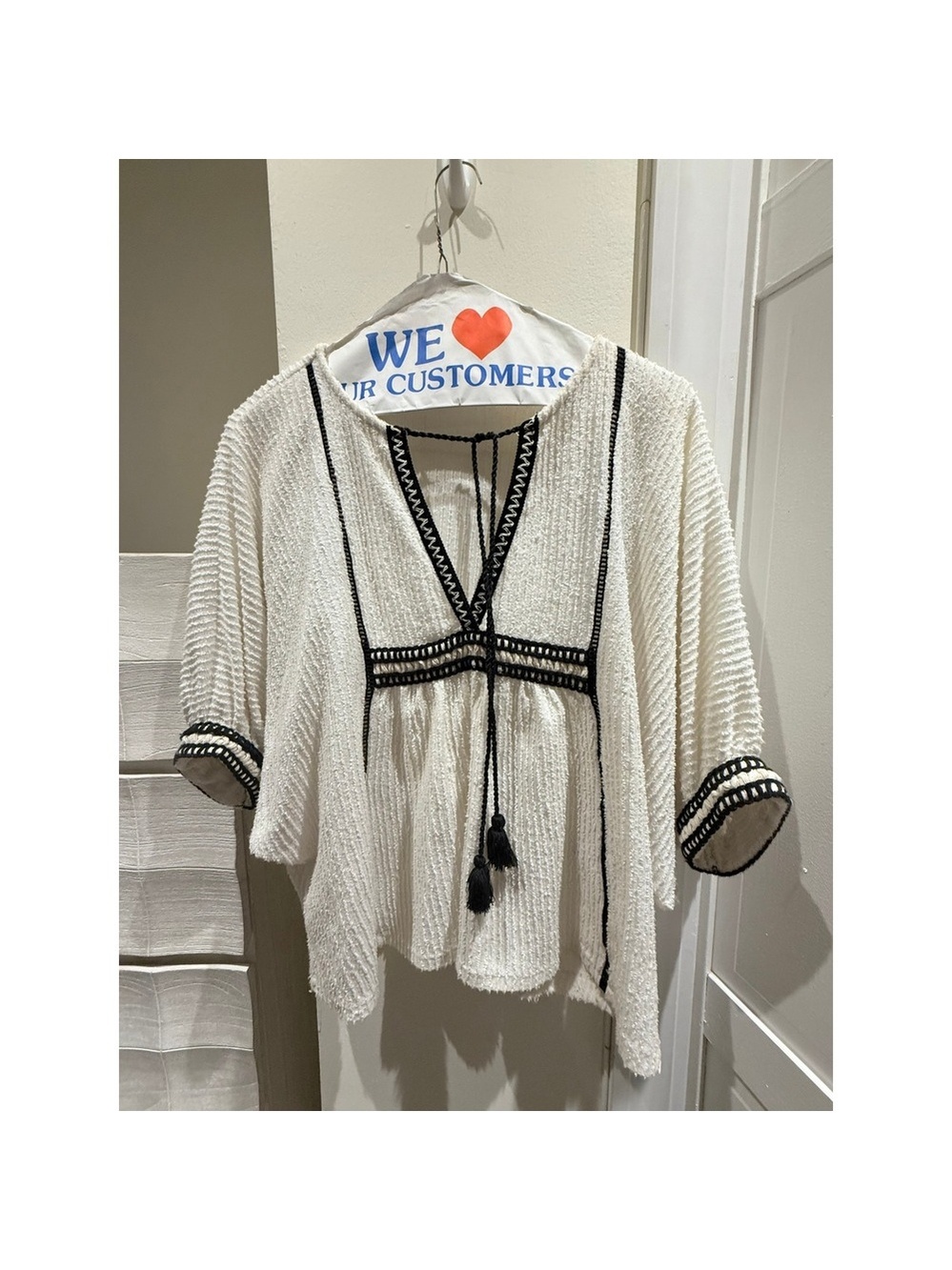 Zara Women Cream Textured Boho Blouse Black Embroidered Tassel Tie Top Medium